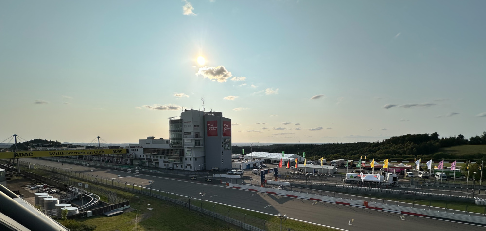 The view of the home stretch of the Nürburgring racetrack from a hotel balcony